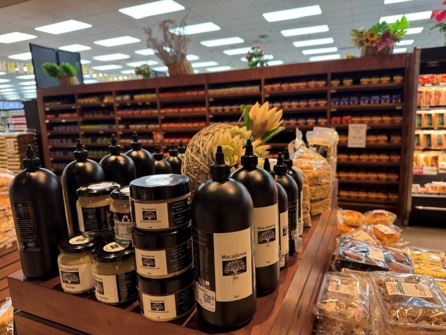 Macadamia oil and gourmet condiments display